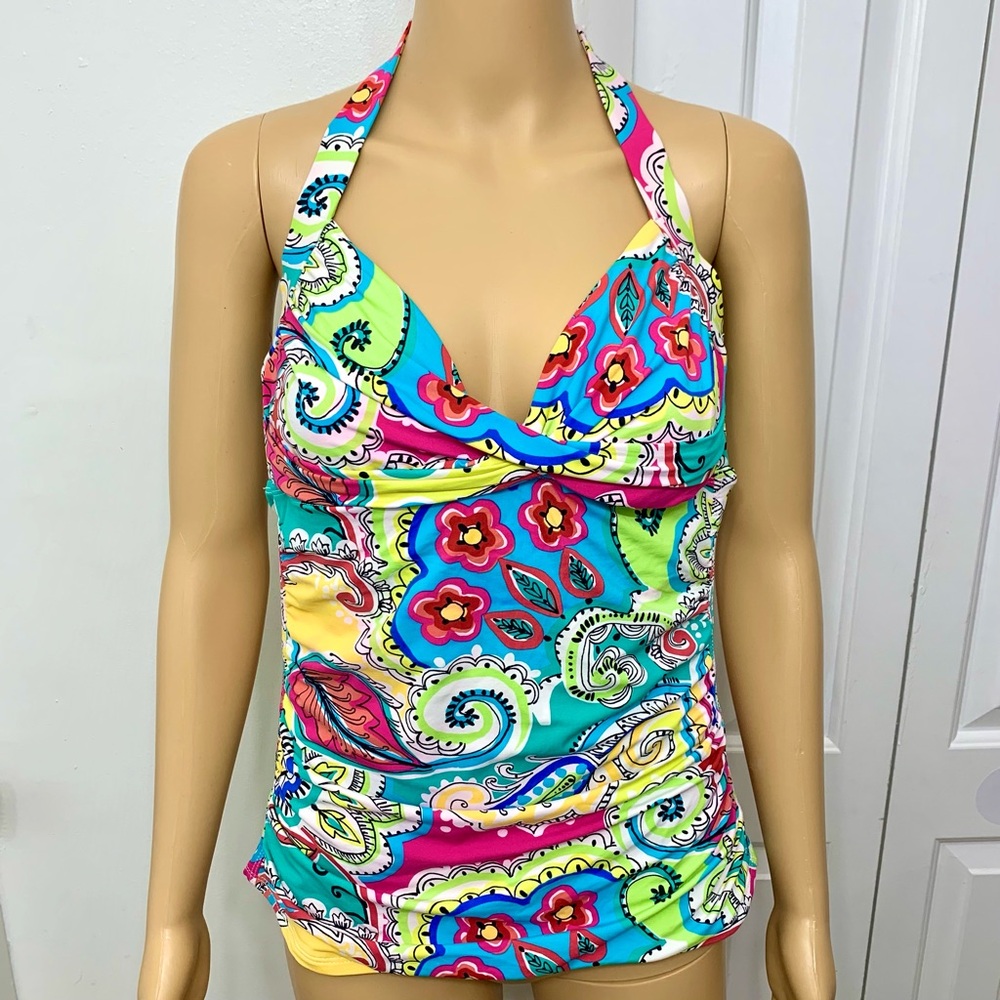 Anne Cole Multicolor Floral Paisley Tankini Halter Ruched Bikini Top size L - Picture 1 of 8